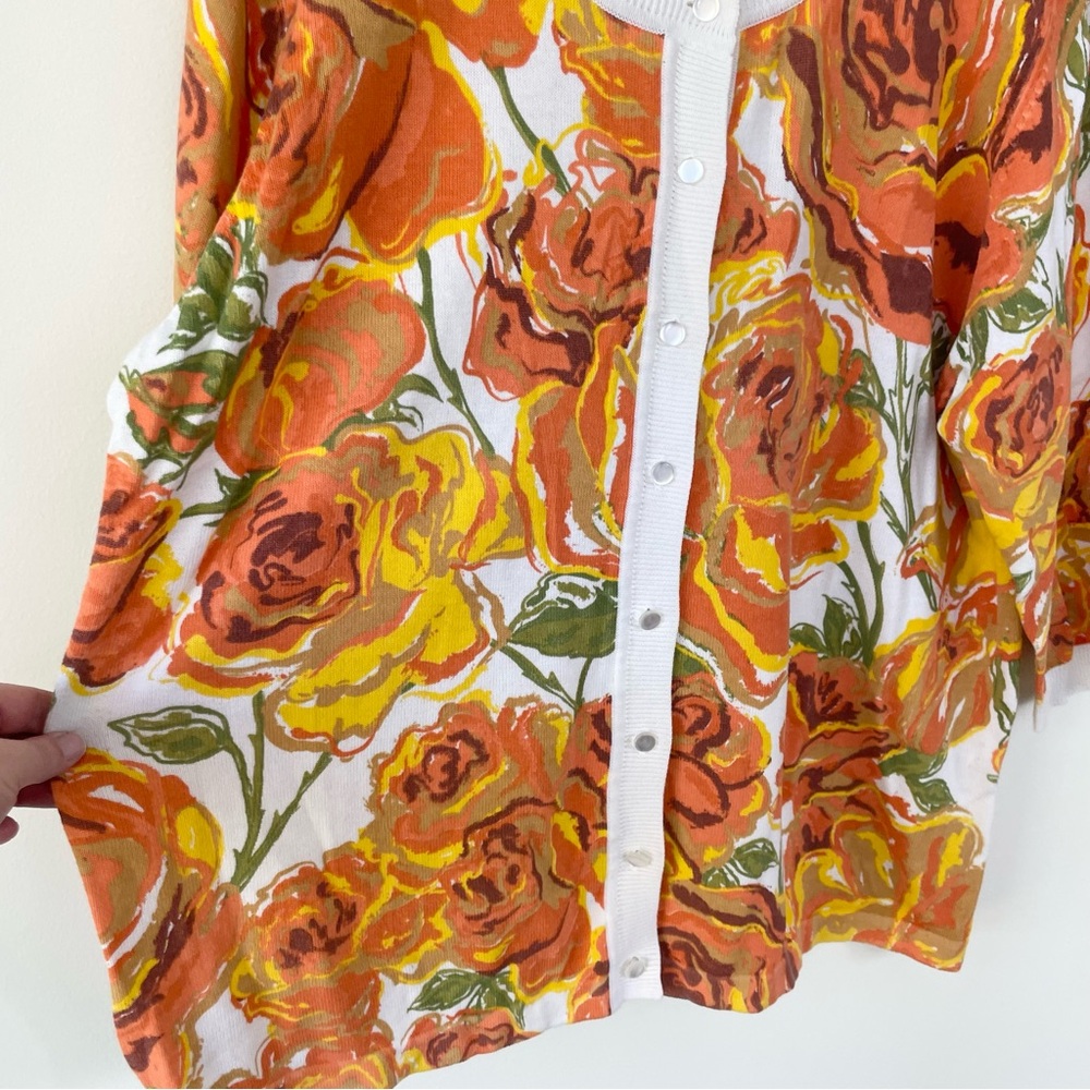 Bob Mackie Wearable Art Floral Orange Yellow Cardigan Sweater 1X Cotton Blend - Picture 3 of 6